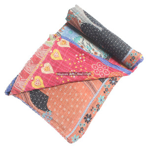 Indian Handmade Printed Kantha Floral Quilt Bedspread Bedding Blanket Indian Reversible Hand <b>Stitched</b> Heavy <b>Throw</b> Old Sari - Product Image 5