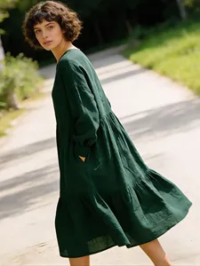 Women dark green midi <b>dress</b> V neck <b>long</b> sleeve <b>boho</b> style flowy loose fit tiered casual summer autumn <b>dress</b> - Product Image 5