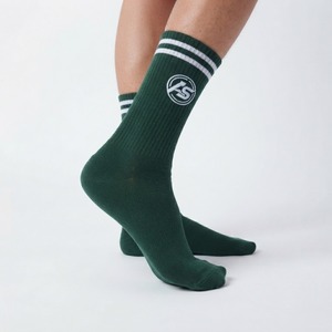 Dark Green Athletic Crew <b>Socks</b> with Double <b>White</b> Stripes Circular Logo Design Team <b>Sports</b> Knit Hosiery - Product Image 4
