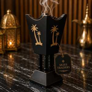 Brûleur d'encens arabe traditionnel en bois avec incrustations dorées, mosaïque géométrique, encensoir de luxe Bakhoor, Mabkhara pour le Ramadan - Product Image 3