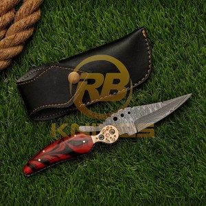 Cuchillo Plegable de Acero de Damasco con Hoja de Punta Caída, Mango de Resina, Empuñadura de Cobre, Cuchillo para Camping al Aire Libre con Funda de Cuero - Product Image 2