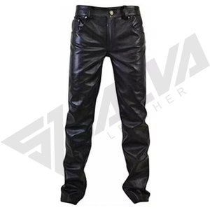 Pantalon Moto Homme SALVA LEATHER en Cuir Noir Enduit Respirant, Coupe Droite Taille Moyenne, Braguette Zippée, Hiver Décontracté Mi-Épais avec Rivets - Product Image 2
