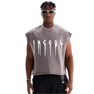 Débardeur tricoté sans manches gris pour homme 100 % coton séchage rapide avec imprimé lettres dégradées sur le devant col rond style décontracté urbain - Product Image 1