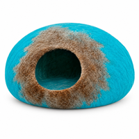 Coussin rond pour chat Ahana, bleu et marron, 100% feutre de laine de mouton biologique, fait main, doux, lavable, toutes saisons, Népal