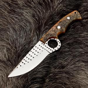 Couteau de cowboy en acier raspé avec manche en corne de taureau, lame fixe, étui en cuir, couteau utilitaire personnalisable pour le camping - Product Image 3