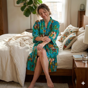 Robe kimono en coton tissé à la main pour femme, imprimé floral, col en V, longue, avec ceinture, peignoir, vêtements de détente, vêtements de nuit avec poches - Product Image 5