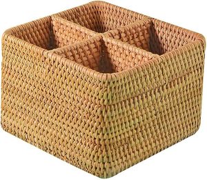 Natural Rattan Eco-Friendly Vintage 4-Compartment Cooking Utensil Silverware Organizer Cosmetics Storage Box Cutlery Basket - Product Image 1