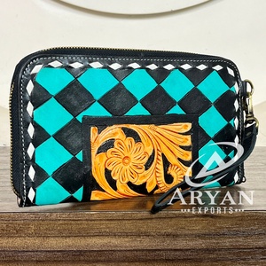 Bolso de Mano Personalizado en Cuero Genuino con Diseño a Cuadros y Cierre de Cremallera con Diseño Floral de Lujo para Uso Diario de Mujer - Product Image 1