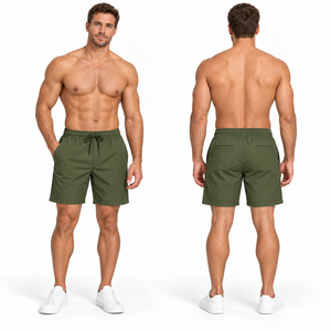 Pantalones Cortos Bermuda para Hombre, Color Verde Oliva, Cintura Media, Cierre con Cordón, Estilo Deportivo, con Bolsillos Delanteros y Traseros, Tela Microelástica - Product Image 1