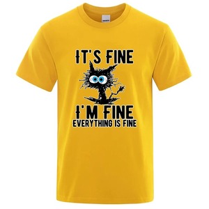 Its Fine Im Fine Everything Is Fine เสื้อยืดลำลองผู้ชายพิมพ์ลายการ์ตูนแมวแขนสั้นคอกลมทรงปกติสีขาว - Product Image 4