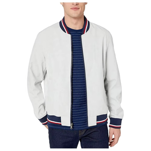 Grey men's bomber <b>jacket</b> Casual autumn wear Zip front solid color Turn-down collar polyester Mens solid color <b>jacket</b> - Product Image 1