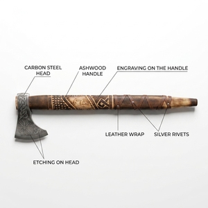 Hache artisanale en acier au carbone avec gravure de runes nordiques, manche en bois d'acajou gravé, enveloppe en cuir – Fournisseur en gros - Product Image 3
