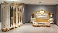 Ensemble de chambre d'hôtel de luxe en teck massif blanc doré, style mi-siècle, antique, avec lit Queen/King Size et armoire, mobilier de maison orné