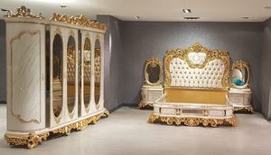 Juego de Dormitorio de Lujo en Madera de Teca Sólida Color Blanco Dorado, Cama Queen/King Size, Armario, Mesitas de Noche Ornamentadas, Tocador con Espejo, Estilo Villa - Product Image 6