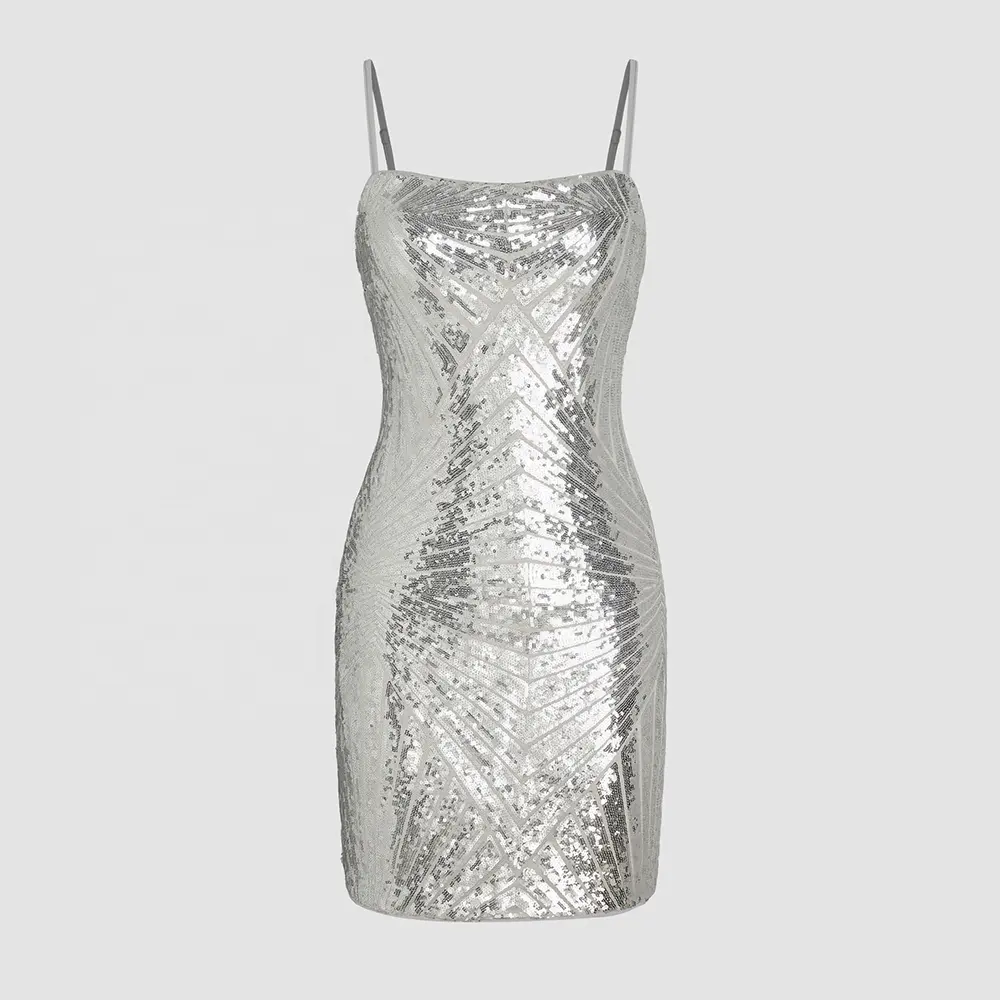 SD006 Custom Metallic Sequin Square Neck Mini Dress Back Zipper Geometric Pattern Women Sexy Metallic Sequin Dress