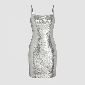 SD006 Custom Metallic Sequin Square Neck Mini Dress Back Zipper Geometric Pattern Women Sexy Metallic Sequin Dress