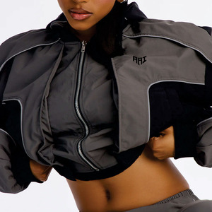 Women Cropped Nylon Windbreaker Tracksuit Set Lightweight Activewear <b>Jacket</b> High Waist Pants Custom OEM Bulk Hoodies Manufacture - Product Image 4