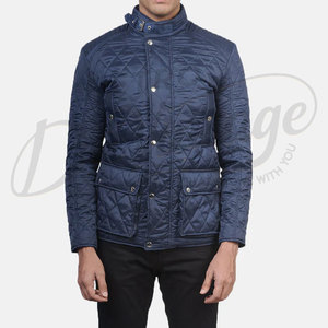 Veste matelassée bleu marine sur mesure pour homme, coupe ajustée, avec surpiqûres en losange, manteau d'hiver rembourré avec plusieurs poches et col à boucle - Product Image 1