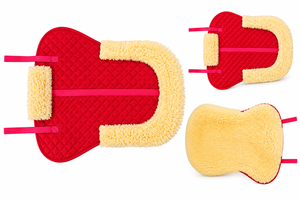 Tapis de selle matelassé rouge avec bordure en peau de mouton crème et sangles roses pour l'équitation, durable - Product Image 3