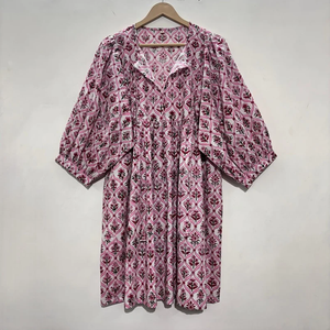 เดรสลำลองผู้หญิง ใส่ได้ทุกวัน ทุกฤดู ผ้าทอ 100% ผ้าฝ้าย พิมพ์ลายดอกไม้/สีพื้น แขนสั้น เอวทรงเอ็มไพร์ ทรงเบบี้ดอลล์ - Product Image 1