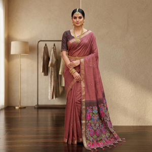 Sari en coton avec tissage Zari Meenakari motif paon, tenue de mariage traditionnelle pour femmes, style indien pakistanais - Product Image 4