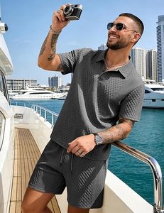 Men's Gray <b>Geometric</b> Knitted Polo <b>Shirt</b> And Pants Set Casual Summer Breathable Outfit - Product Image 5