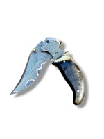 Couteau pliant en cuivre damas forgé à la main avec manche en corne de bélier et étui en cuir, couteau de chasse de poche EDC personnalisé CuMai
