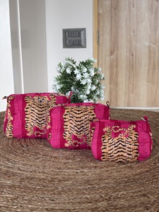 Eco-Friendly Vintage Cotton Block Printed <b>Large</b> Water Resistant Lightweight <b>Makeup</b> Cosmetic <b>Bag</b> Set with Zipper Closure 3 PCS - Product Image 2