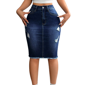 Falda lápiz vaquera elástica azul oscuro para mujer, de cintura alta, ajustada, midi, informal, de corte regular, para uso diario, clásica, otoño/invierno - Product Image 2