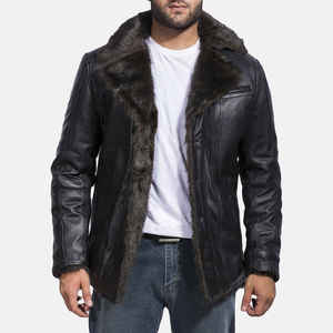 Blouson bomber pour homme en cuir véritable noir, doublé en sherpa, fermeture éclair, vêtement d'extérieur d'hiver, style motard - Product Image 4