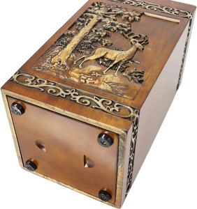 Carved Deer And Forest Wooden Cremation Urn For Human Ashes Memorial <b>Keepsake</b> With Velvet Bag - Product Image 2