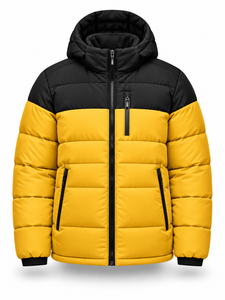 Men's <b>Yellow</b> Black Hooded Puffer <b>Jacket</b> <b>Waterproof</b> Windproof Casual Zipper Front Logo Polyester Wadding Winter Regular Length - Product Image 1