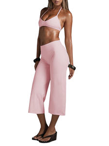Conjunto de Top Corto Halter Estampado y Pantalones Capri de Pierna Ancha Talla Grande, Nuevo 2026 |   Conjunto de Yoga Sexy de 2 Piezas para Mujer - Product Image 3