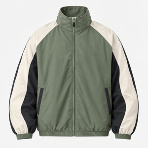 Men's Green Color Blocking <b>Racer</b> <b>Jacket</b> Windproof Zipper Stand Collar Sporty Autumn Wear - Product Image 1