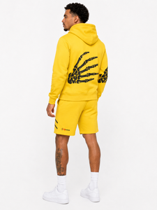 Conjunto de Sudadera con Capucha y Pantalones Cortos Amarillos para Hombre 4FORCE, Diseño de Mano de Esqueleto Estampado en Felpa, Ropa Casual de Verano - Product Image 4