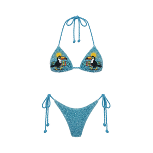 Ensemble bikini deux pièces en tricot marron avec broderie florale jaune, haut et bas string, maillot de bain d'été pour femme - Vente en gros - Product Image 5
