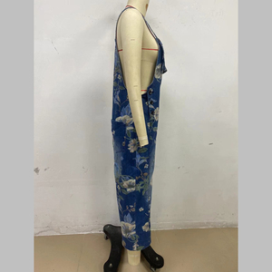 Salopette en jean à imprimé floral pour femme, coupe ample, taille haute, jambe large, avec poches, style bohème, longueur mi-mollet - Product Image 2