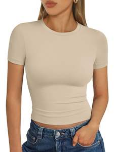 Camiseta corta ajustada para mujer, manga corta, cuello redondo, tela transpirable de secado rápido, moderna, informal y a la moda. - Product Image 5