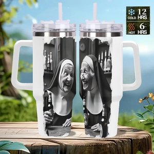 Vaso de acero inoxidable de 40 oz con diseño de monjas bebiendo cerveza, ideal como regalo divertido. - Product Image 2