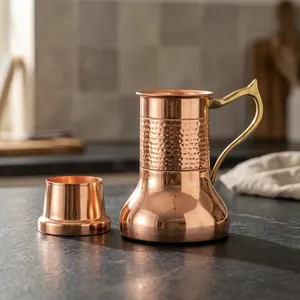 Carafe à eau en cuivre avec couvercle, pichet artisanal vintage en cuivre pur, serveur de boissons traditionnel en métal, vaisselle décorative pour la cuisine - Product Image 4