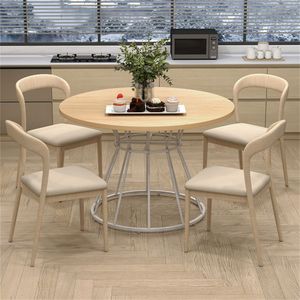 Table à manger ronde naturelle de 47 pouces pour 4 à 6 personnes, design luxueux léger avec base en métal en forme de sablier assemblée et plateau incurvé - Product Image 2