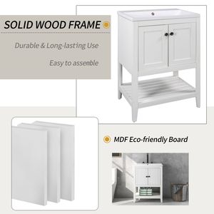 Mobile Bagno Moderno Bianco da 24 Pollici con Elegante Lavabo in Ceramica, Struttura in Legno Massello e Ripiano Aperto - Video Prodotto - Product Image 6