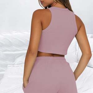 Ensemble 2 pièces tricoté pour femme : crop top et short, couleur unie, tenue décontractée d'été, sans manches, col rond, respirant, en coton et élasthanne - Product Image 2