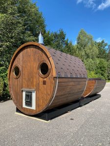 Sauna en bois rond avec fenêtres circulaires, cabine <span class=keywords><strong>de</strong></span> sauna extérieure en cèdre pour 4 à 6 personnes avec toit en bardeaux d'asphalte et <span class=keywords><strong>porte</strong></span> en verre - Product Image 3