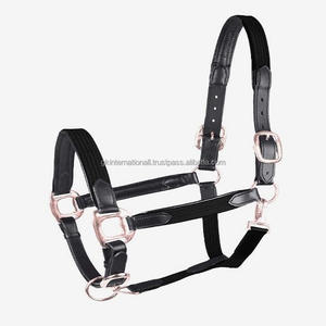 Équipement équestre écologique pour chevaux licou en cuir et nylon à triple couture avec du matériel en laiton doré rose de luxe - Product Image 3