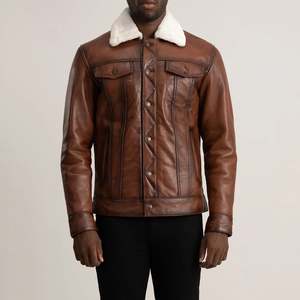 Chaqueta Bomber de Cuero Genuino para Hombre, Cuello Camisero, Cierre de Botones, Corte Ajustado, Color Sólido, Ropa de Invierno - Product Image 4