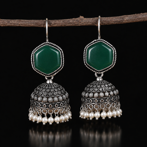 Green Onyx Stone Brass Oxidized <b>Silver</b> Jhumka Drop Ethnic Bohemia <b>Dangle</b> <b>Earrings</b> Handmade Pearl Women Wholesale Jewelry - Product Image 4