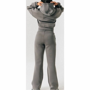 Conjunto Deportivo con Capucha para Mujer, Color Sólido, Corte Holgado, Sudadera de Manga Larga y Pantalones Acampanados con Cordón, Conjunto de Dos Piezas - Product Image 2