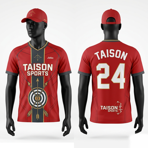 Jersey de Arquería Premium de Poliéster Interlock de 140 GSM, Diseño de Paneles Rojo, Negro y Dorado, Transpirable, Impresión de Logotipo Personalizado por Sublimación - Product Image 1