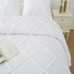 Queen Boho Tufted Bedding <b>Set</b> 3-Piece <b>Comforter</b> with Down Alternative & 2 Pillow Shams White Bedding - Product Image 2